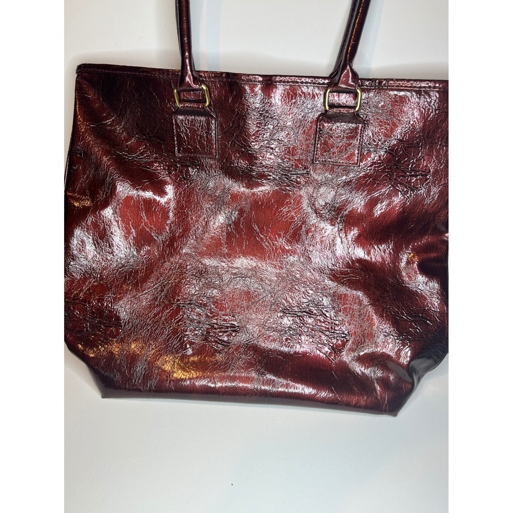 Vintage Estee Lauder Burgundy Patent Leather Tote Bag Crinkled Dark Copper
